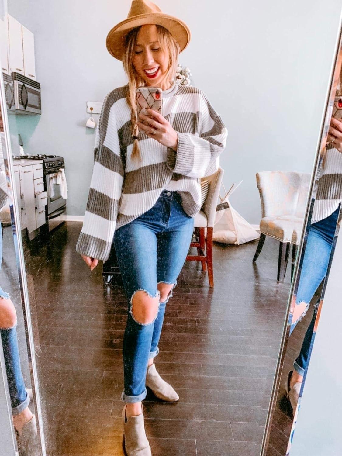 imageZESICA Womens 2026 Fall Long Sleeve Oversized Striped Color Block Comfy Loose Crew Neck Knitted Pullover SweaterGrey