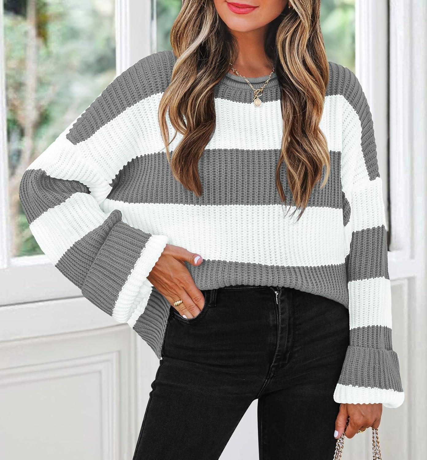 imageZESICA Womens 2026 Fall Long Sleeve Oversized Striped Color Block Comfy Loose Crew Neck Knitted Pullover SweaterGrey