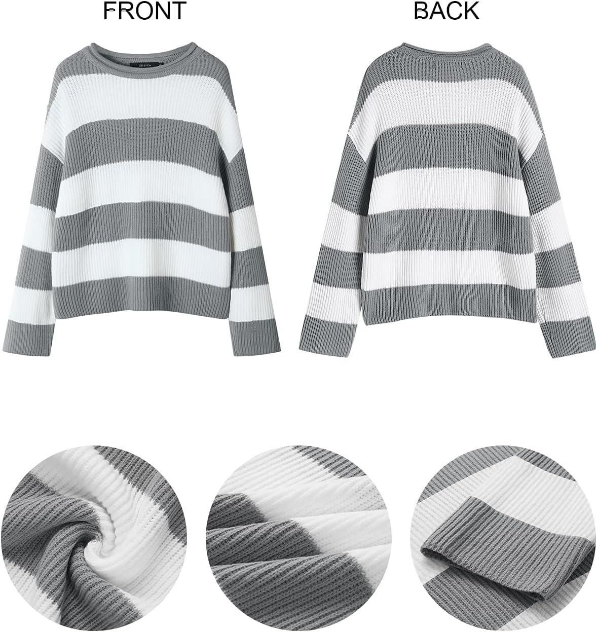 imageZESICA Womens 2026 Fall Long Sleeve Oversized Striped Color Block Comfy Loose Crew Neck Knitted Pullover SweaterGrey