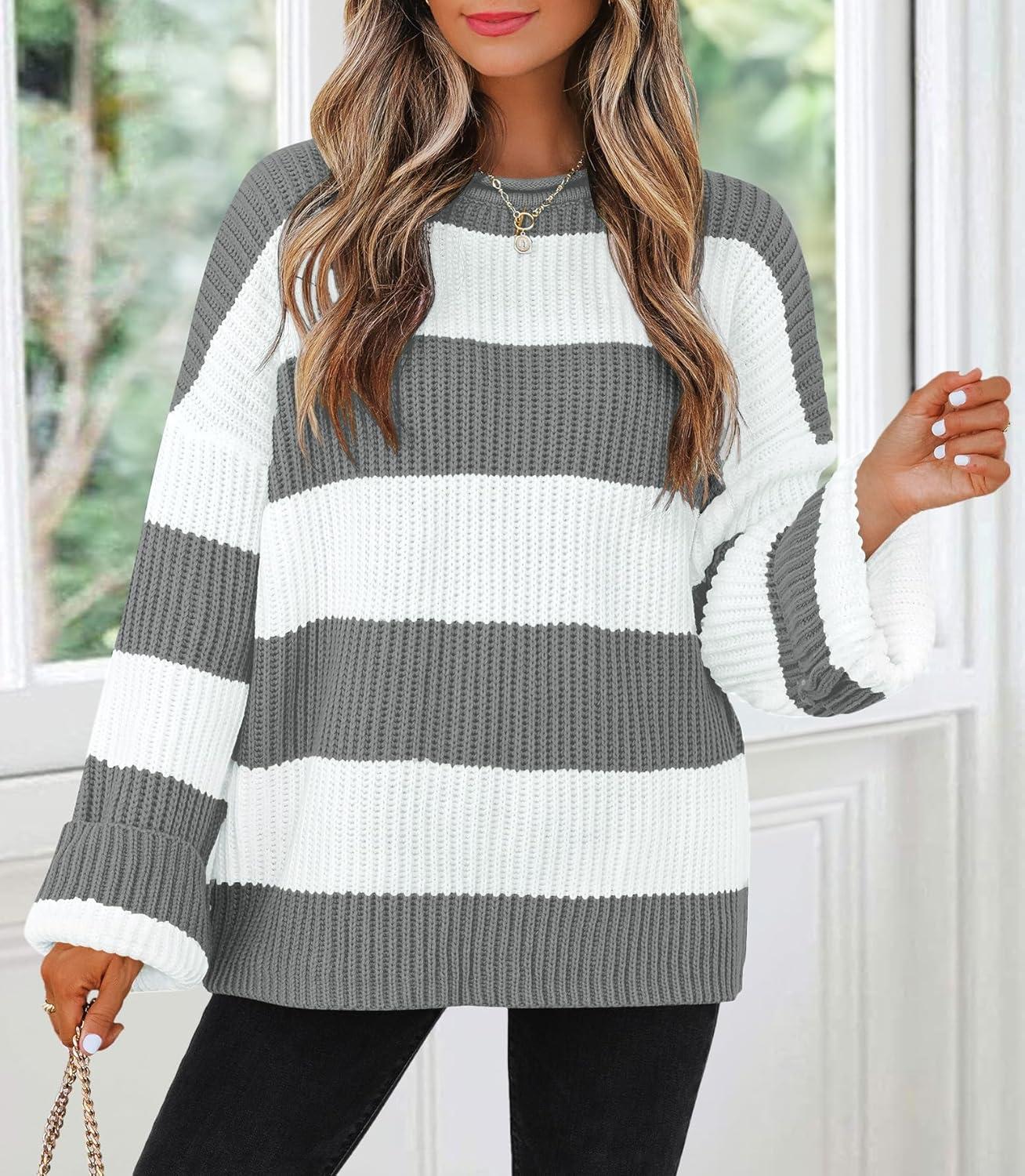 imageZESICA Womens 2026 Fall Long Sleeve Oversized Striped Color Block Comfy Loose Crew Neck Knitted Pullover SweaterGrey