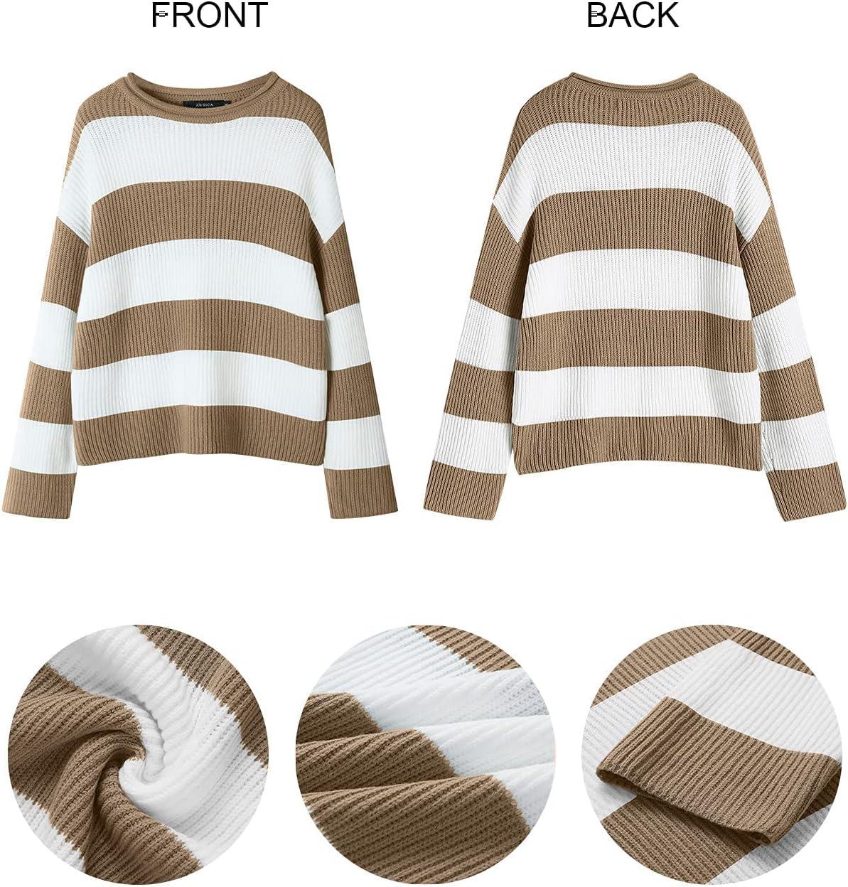 imageZESICA Womens 2026 Fall Long Sleeve Oversized Striped Color Block Comfy Loose Crew Neck Knitted Pullover SweaterLightkhaki