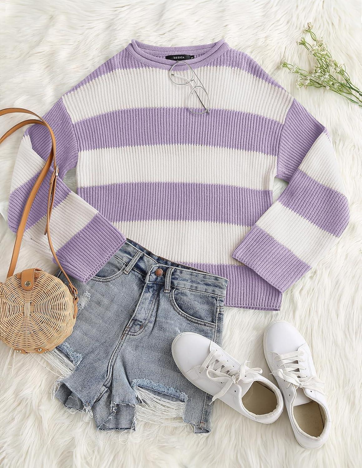 imageZESICA Womens 2026 Fall Long Sleeve Oversized Striped Color Block Comfy Loose Crew Neck Knitted Pullover SweaterLightpurple