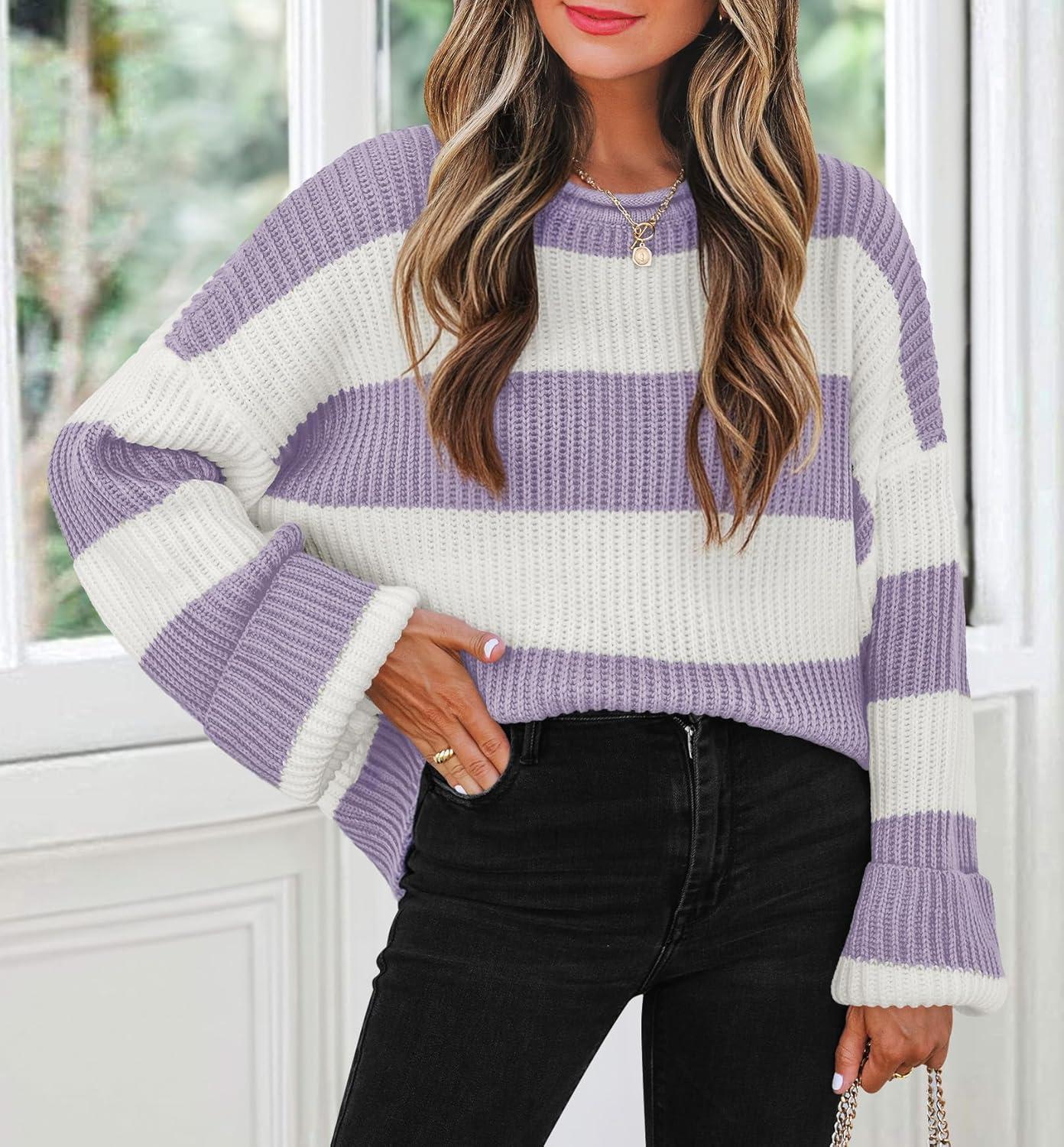imageZESICA Womens 2026 Fall Long Sleeve Oversized Striped Color Block Comfy Loose Crew Neck Knitted Pullover SweaterLightpurple