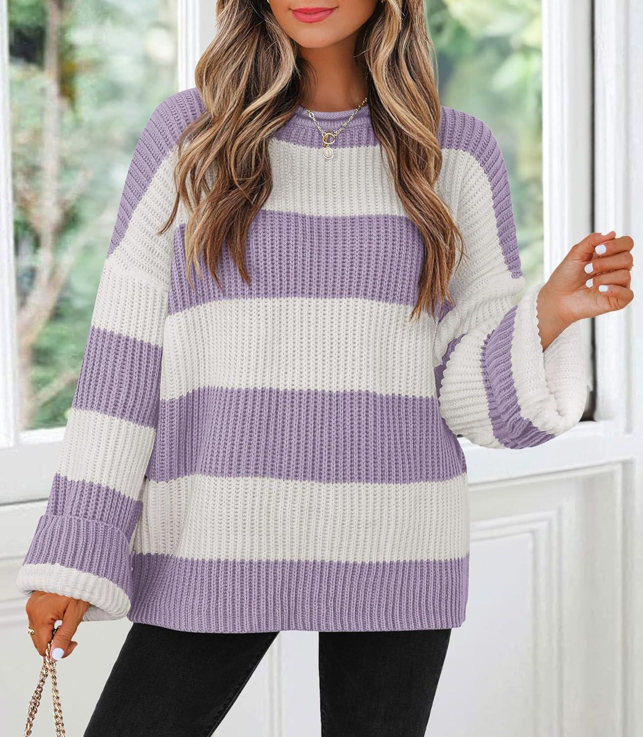 imageZESICA Womens 2026 Fall Long Sleeve Oversized Striped Color Block Comfy Loose Crew Neck Knitted Pullover SweaterLightpurple