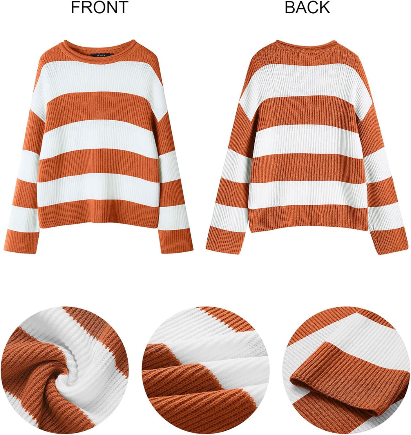 imageZESICA Womens 2026 Fall Long Sleeve Oversized Striped Color Block Comfy Loose Crew Neck Knitted Pullover SweaterOrange