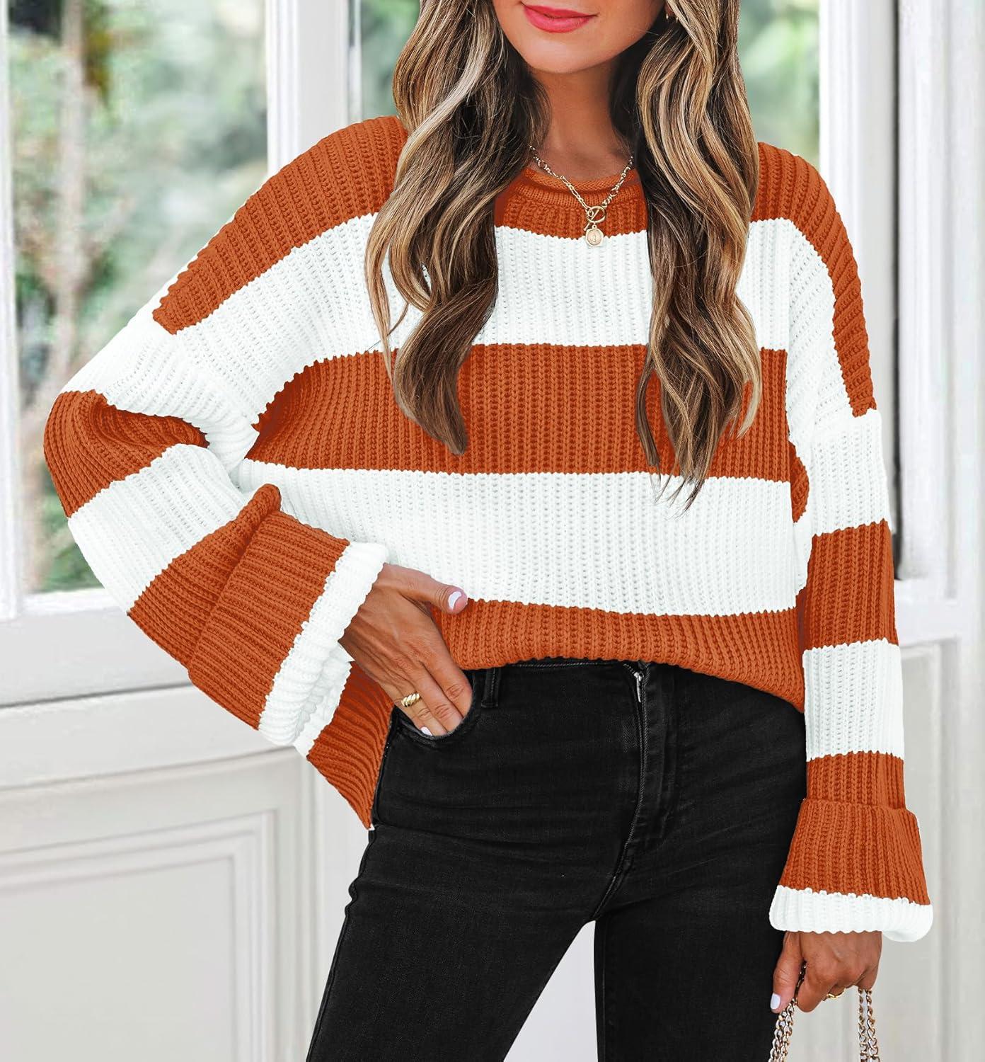 imageZESICA Womens 2026 Fall Long Sleeve Oversized Striped Color Block Comfy Loose Crew Neck Knitted Pullover SweaterOrange