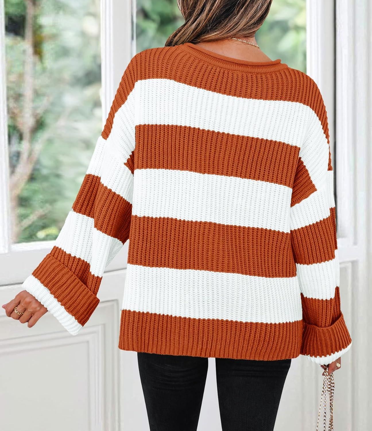 imageZESICA Womens 2026 Fall Long Sleeve Oversized Striped Color Block Comfy Loose Crew Neck Knitted Pullover SweaterOrange