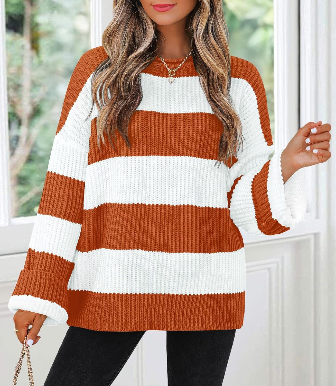 imageZESICA Womens 2026 Fall Long Sleeve Oversized Striped Color Block Comfy Loose Crew Neck Knitted Pullover SweaterOrange