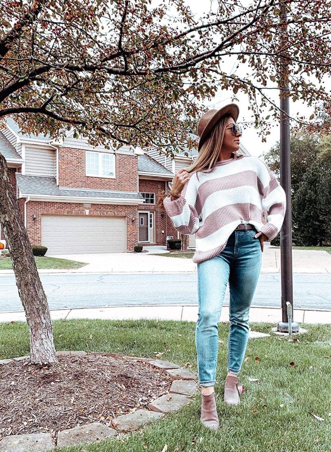 imageZESICA Womens 2026 Fall Long Sleeve Oversized Striped Color Block Comfy Loose Crew Neck Knitted Pullover SweaterPink