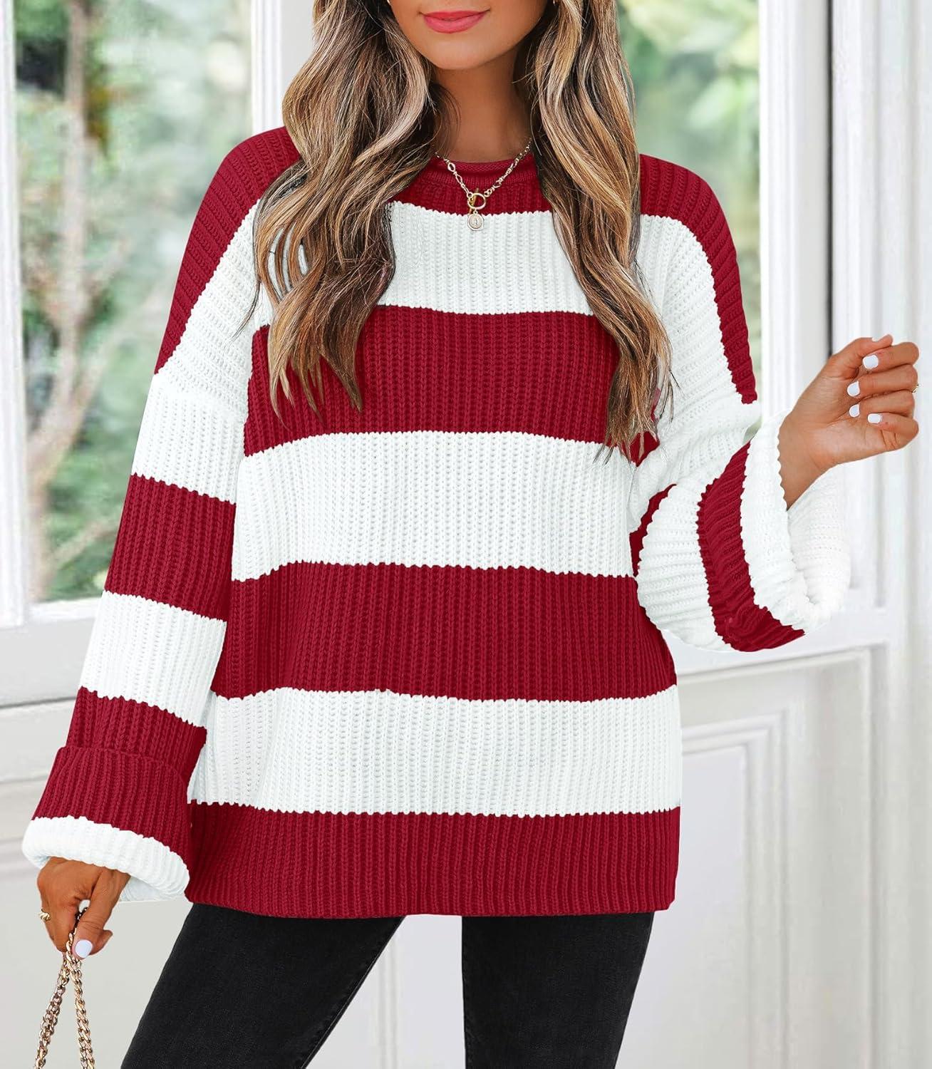 imageZESICA Womens 2026 Fall Long Sleeve Oversized Striped Color Block Comfy Loose Crew Neck Knitted Pullover SweaterRed