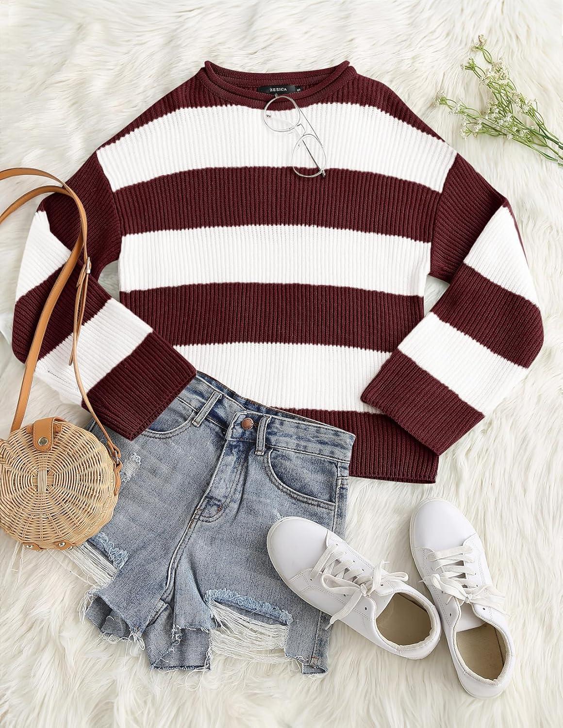 imageZESICA Womens 2026 Fall Long Sleeve Oversized Striped Color Block Comfy Loose Crew Neck Knitted Pullover SweaterWine