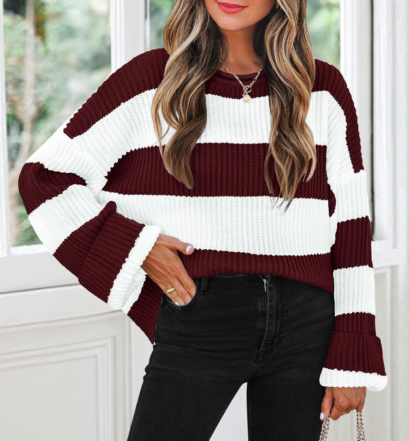 imageZESICA Womens 2026 Fall Long Sleeve Oversized Striped Color Block Comfy Loose Crew Neck Knitted Pullover SweaterWine