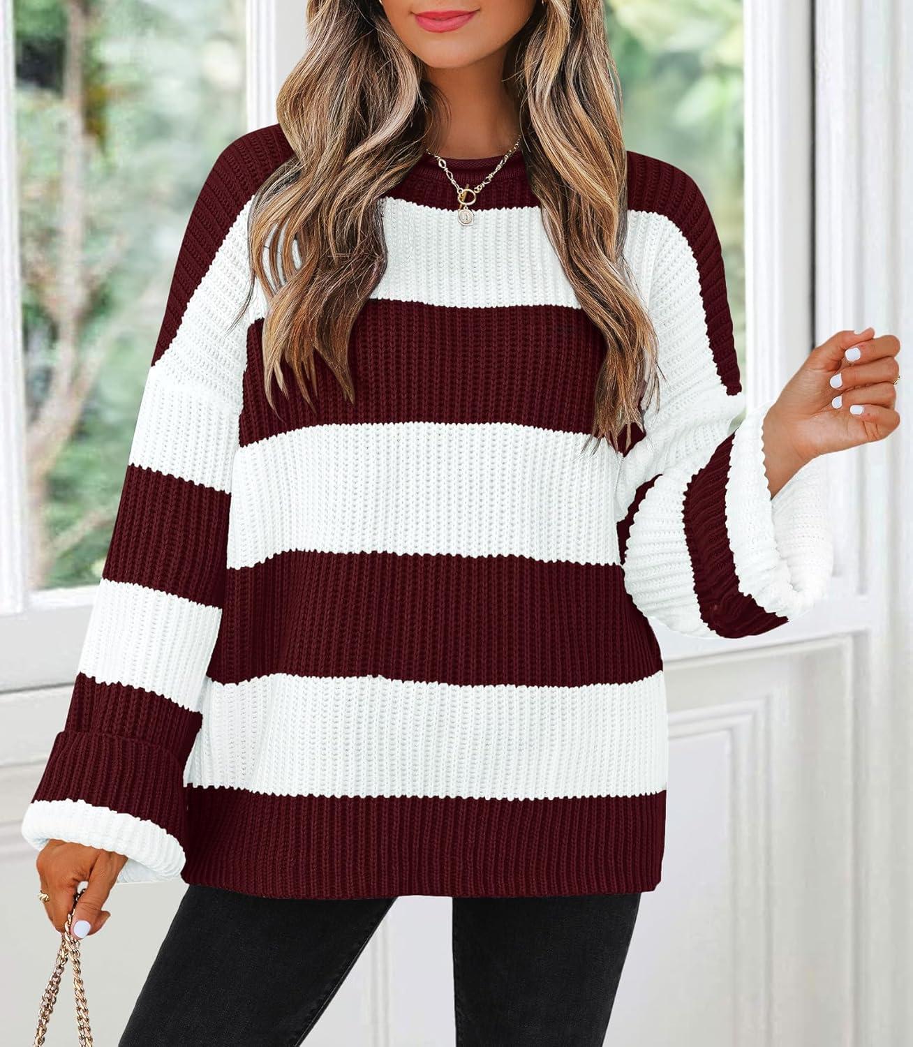 imageZESICA Womens 2026 Fall Long Sleeve Oversized Striped Color Block Comfy Loose Crew Neck Knitted Pullover SweaterWine