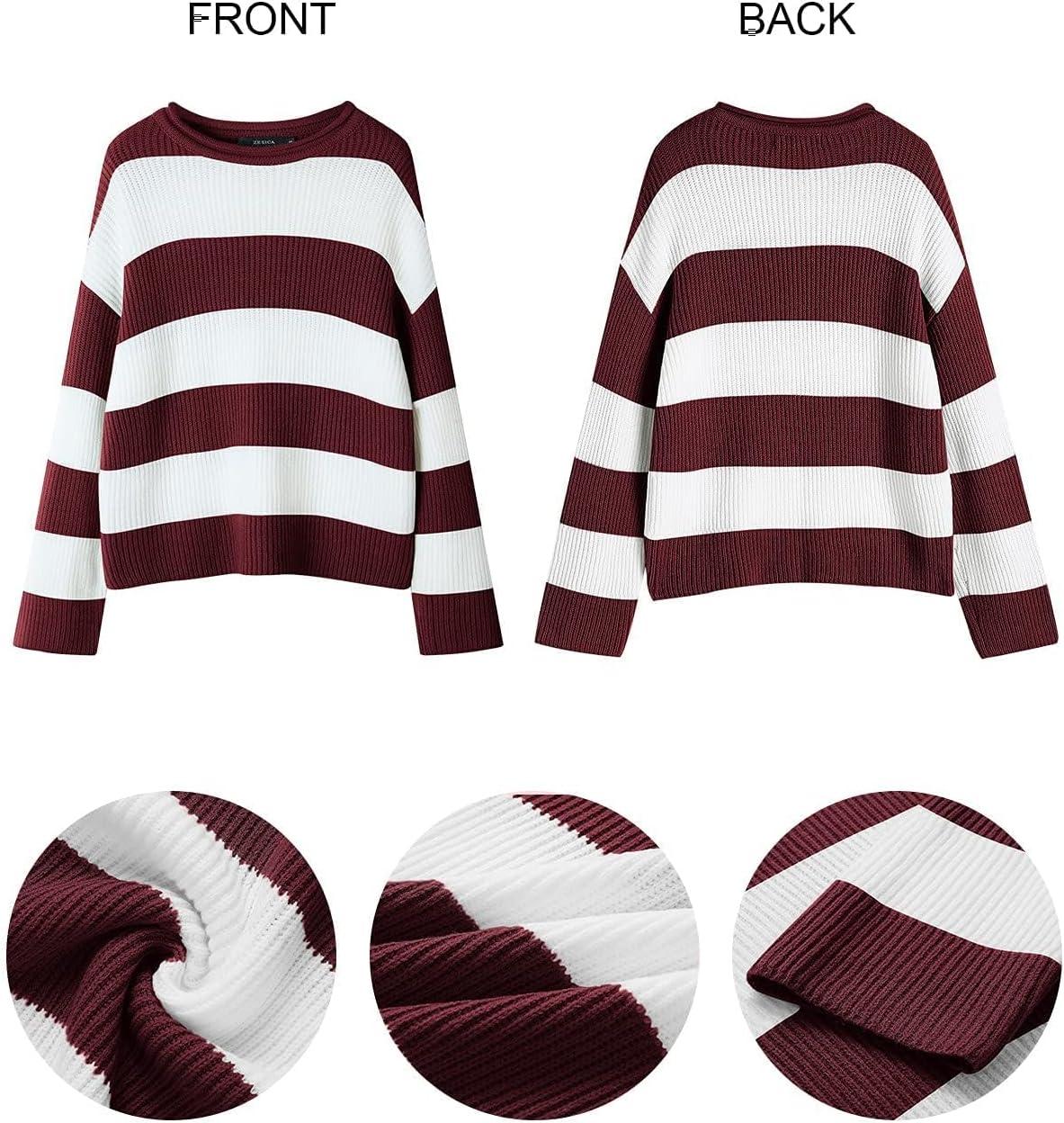 imageZESICA Womens 2026 Fall Long Sleeve Oversized Striped Color Block Comfy Loose Crew Neck Knitted Pullover SweaterWine