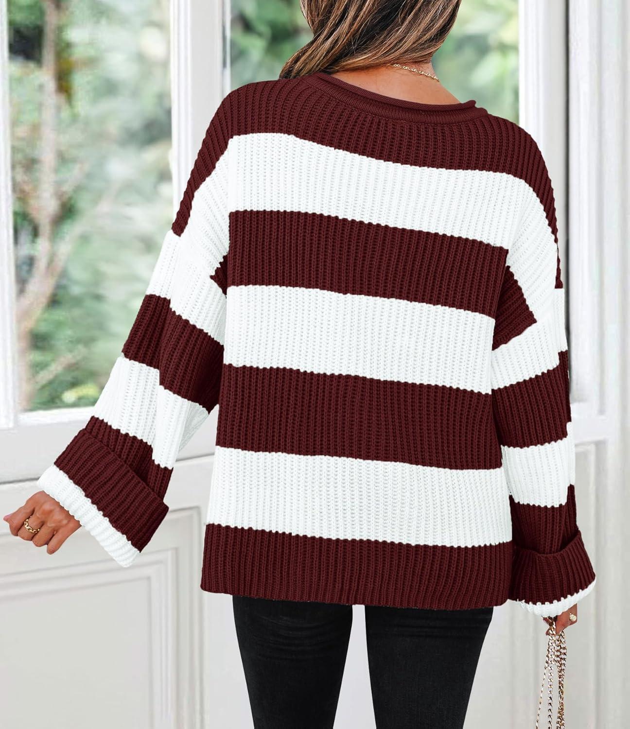 imageZESICA Womens 2026 Fall Long Sleeve Oversized Striped Color Block Comfy Loose Crew Neck Knitted Pullover SweaterWine