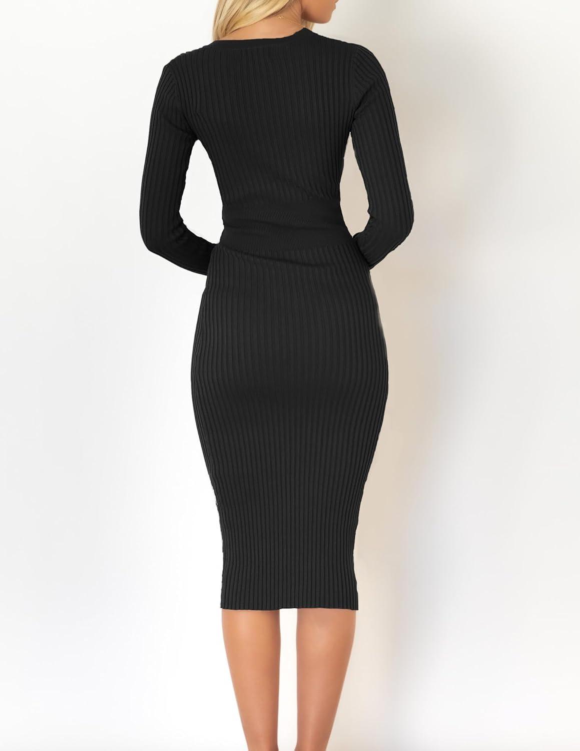 imageZESICA Womens 2026 Spring Sweater Dress V Neck Long Sleeve Ribbed Knit Tie Waist Bodycon Slim Fit Midi DressesBlack