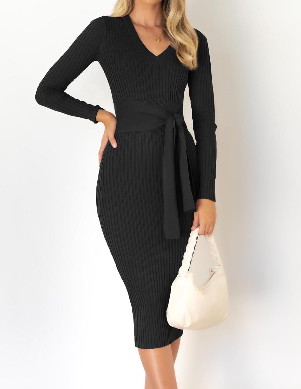 imageZESICA Womens 2026 Spring Sweater Dress V Neck Long Sleeve Ribbed Knit Tie Waist Bodycon Slim Fit Midi DressesBlack