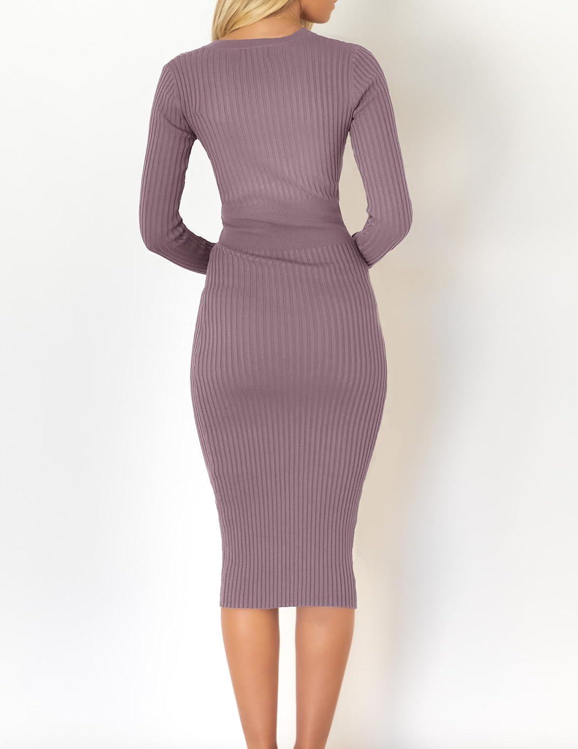 imageZESICA Womens 2026 Spring Sweater Dress V Neck Long Sleeve Ribbed Knit Tie Waist Bodycon Slim Fit Midi DressesDarkviolet
