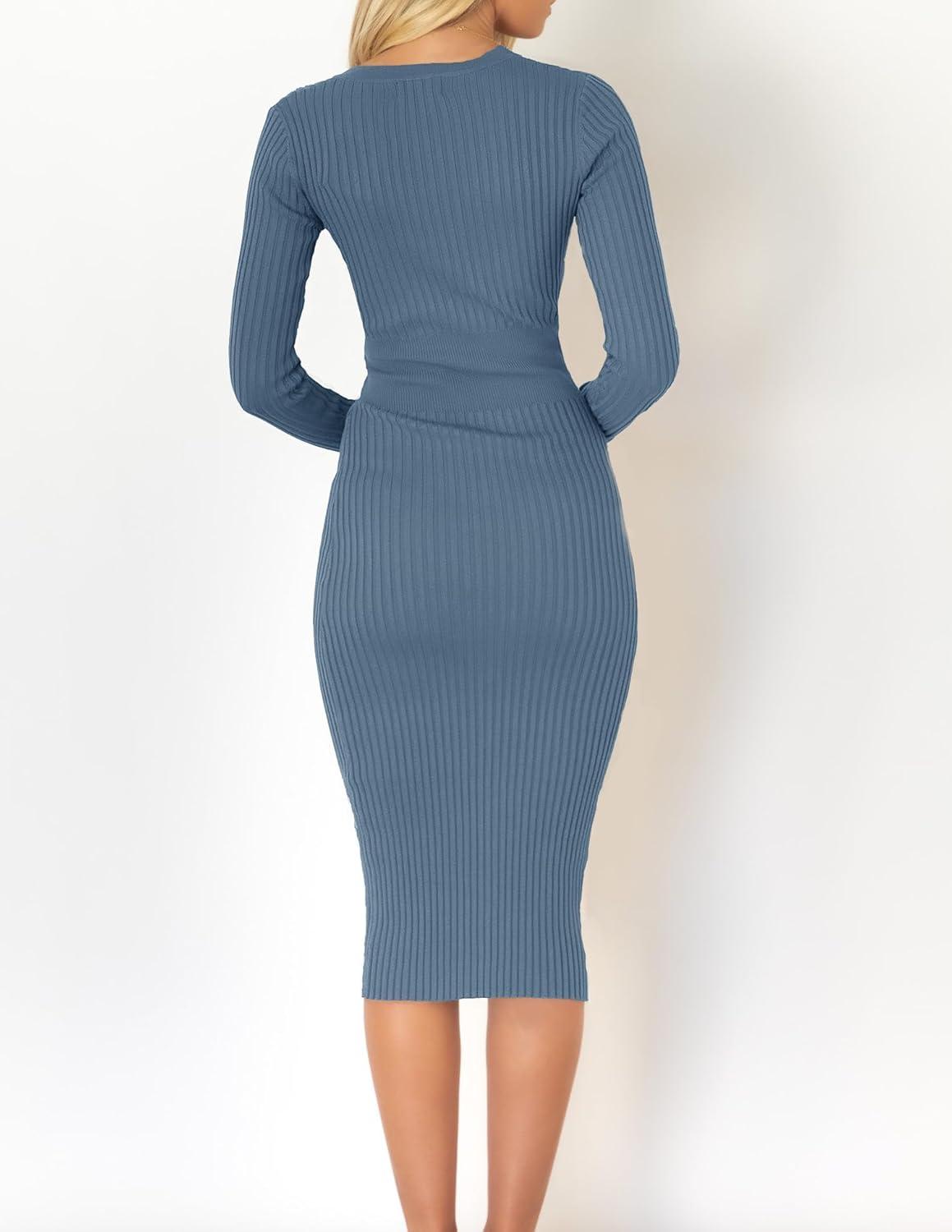 imageZESICA Womens 2026 Spring Sweater Dress V Neck Long Sleeve Ribbed Knit Tie Waist Bodycon Slim Fit Midi DressesDustyblue
