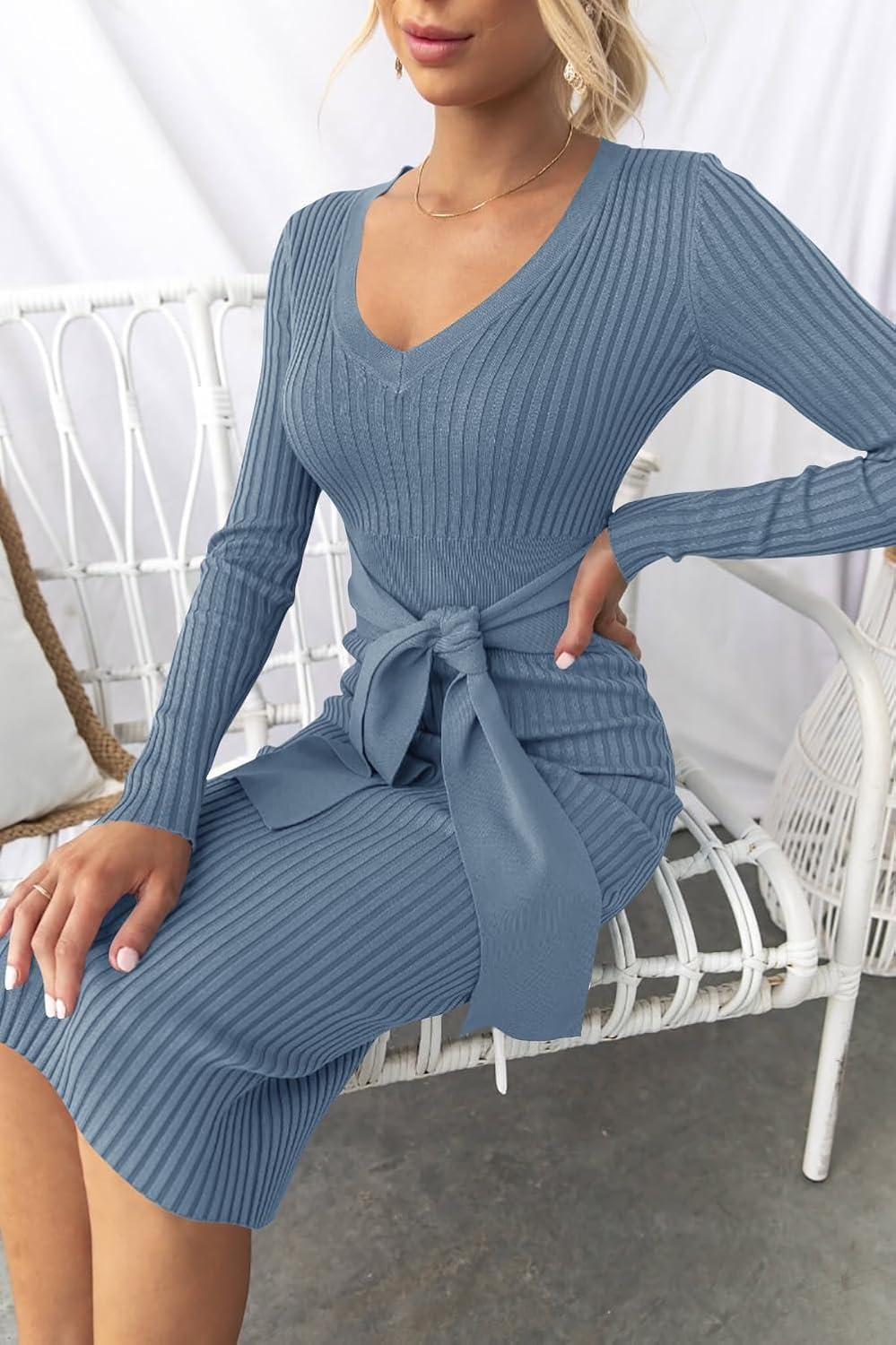 imageZESICA Womens 2026 Spring Sweater Dress V Neck Long Sleeve Ribbed Knit Tie Waist Bodycon Slim Fit Midi DressesDustyblue