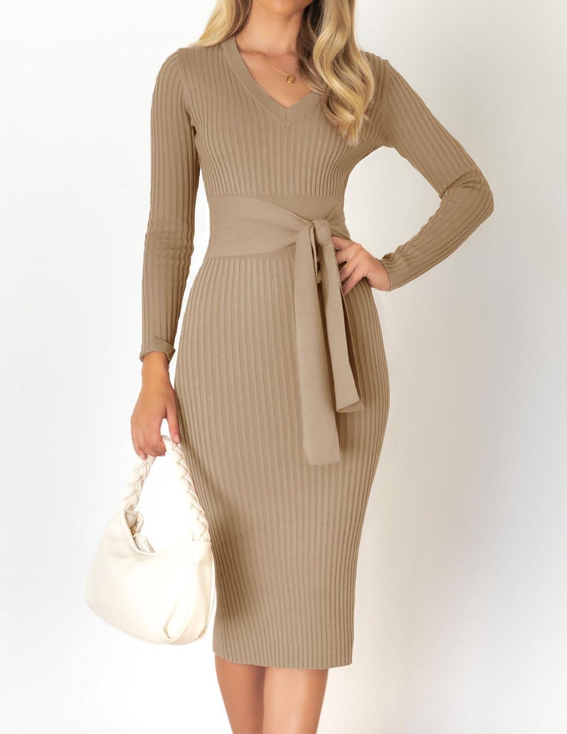 imageZESICA Womens 2026 Spring Sweater Dress V Neck Long Sleeve Ribbed Knit Tie Waist Bodycon Slim Fit Midi DressesKhaki