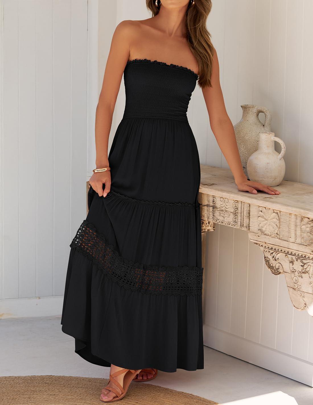 imageZESICA Womens 2026 Summer Bohemian Strapless Off Shoulder Lace Trim Backless Flowy A Line Beach Long Maxi DressBlack