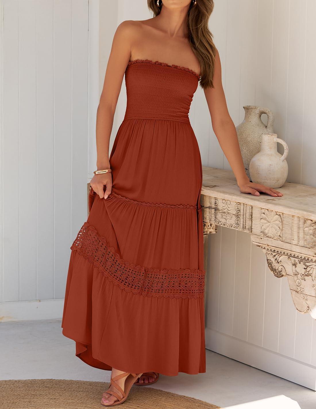 imageZESICA Womens 2026 Summer Bohemian Strapless Off Shoulder Lace Trim Backless Flowy A Line Beach Long Maxi DressDarkorange