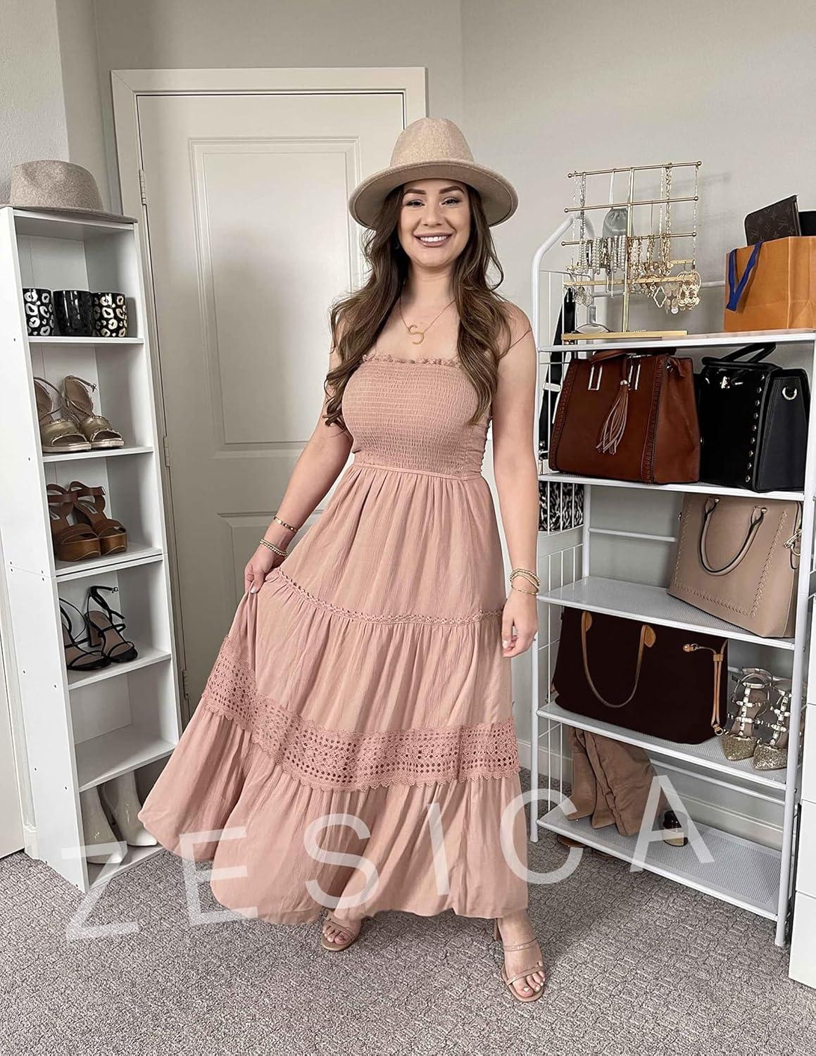 imageZESICA Womens 2026 Summer Bohemian Strapless Off Shoulder Lace Trim Backless Flowy A Line Beach Long Maxi DressPink