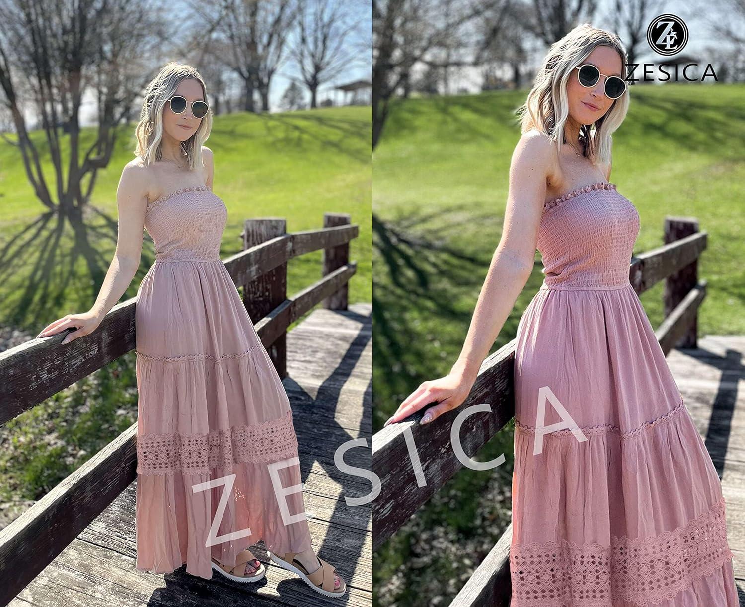 imageZESICA Womens 2026 Summer Bohemian Strapless Off Shoulder Lace Trim Backless Flowy A Line Beach Long Maxi DressPink