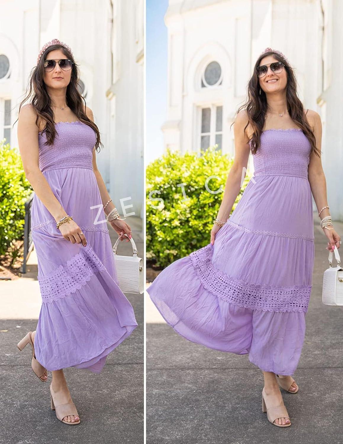 imageZESICA Womens 2026 Summer Bohemian Strapless Off Shoulder Lace Trim Backless Flowy A Line Beach Long Maxi DressPurple