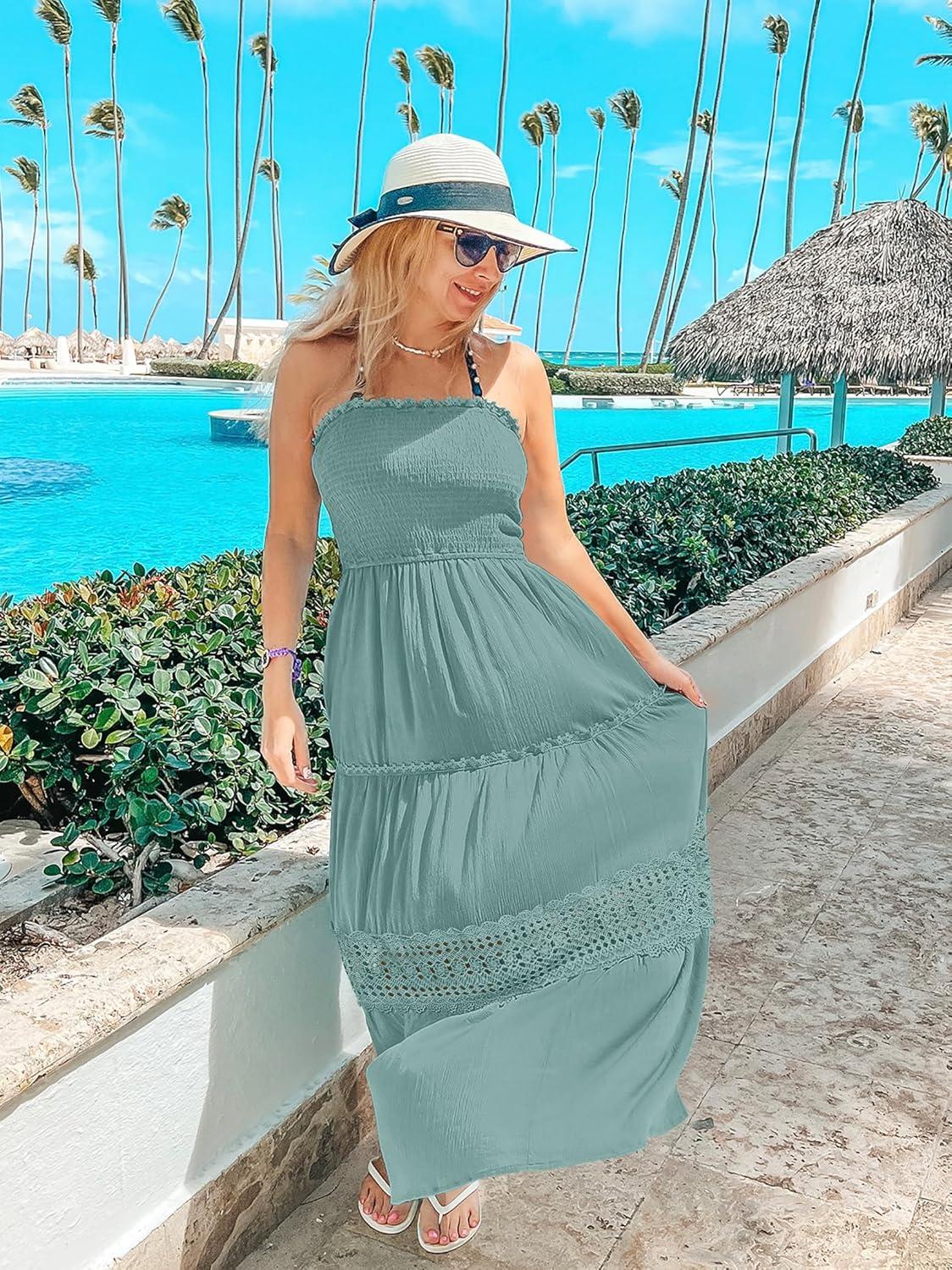 imageZESICA Womens 2026 Summer Bohemian Strapless Off Shoulder Lace Trim Backless Flowy A Line Beach Long Maxi DressSage