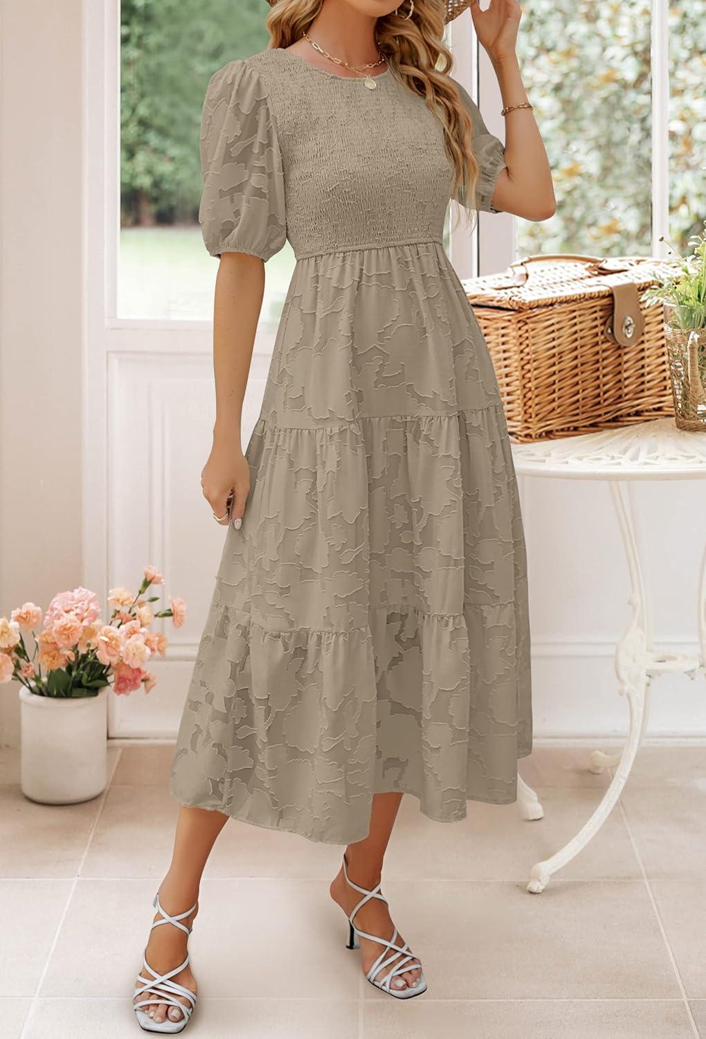 imageZESICA Womens 2026 Summer Short Puff Sleeve Crewneck Smocked Floral Lace Flowy A Line Tiered Maxi DressesAlmond