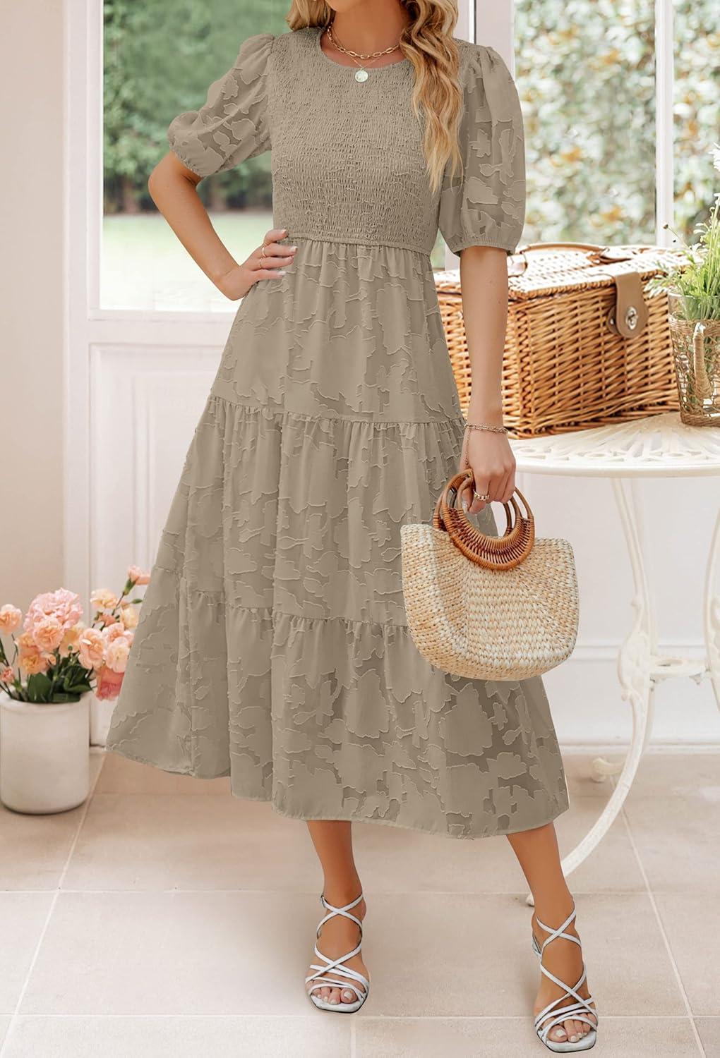 imageZESICA Womens 2026 Summer Short Puff Sleeve Crewneck Smocked Floral Lace Flowy A Line Tiered Maxi DressesAlmond