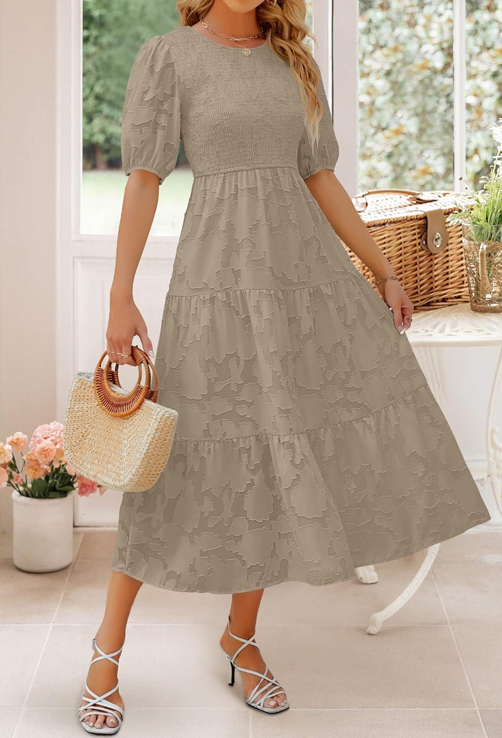 imageZESICA Womens 2026 Summer Short Puff Sleeve Crewneck Smocked Floral Lace Flowy A Line Tiered Maxi DressesAlmond