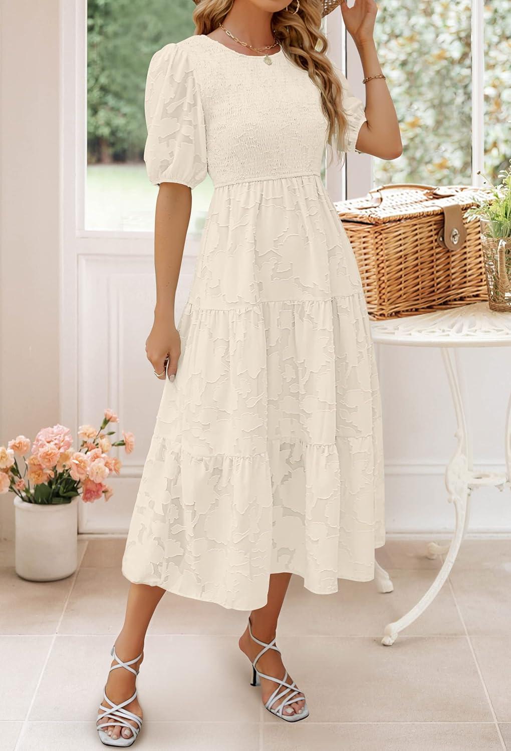 imageZESICA Womens 2026 Summer Short Puff Sleeve Crewneck Smocked Floral Lace Flowy A Line Tiered Maxi DressesBeige