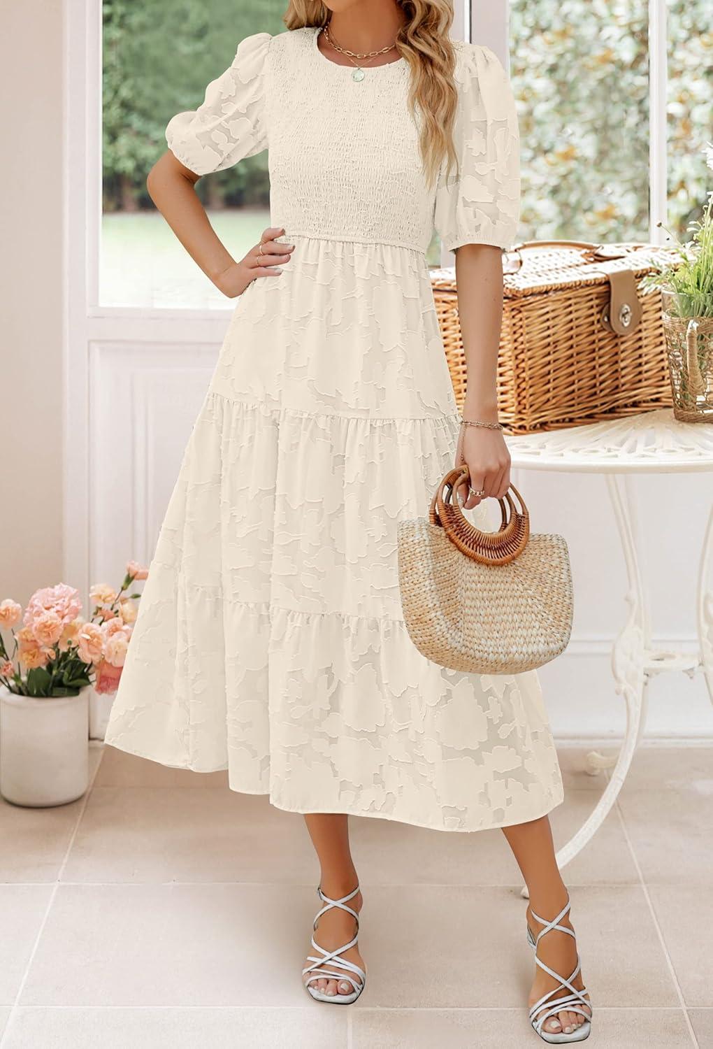 imageZESICA Womens 2026 Summer Short Puff Sleeve Crewneck Smocked Floral Lace Flowy A Line Tiered Maxi DressesBeige