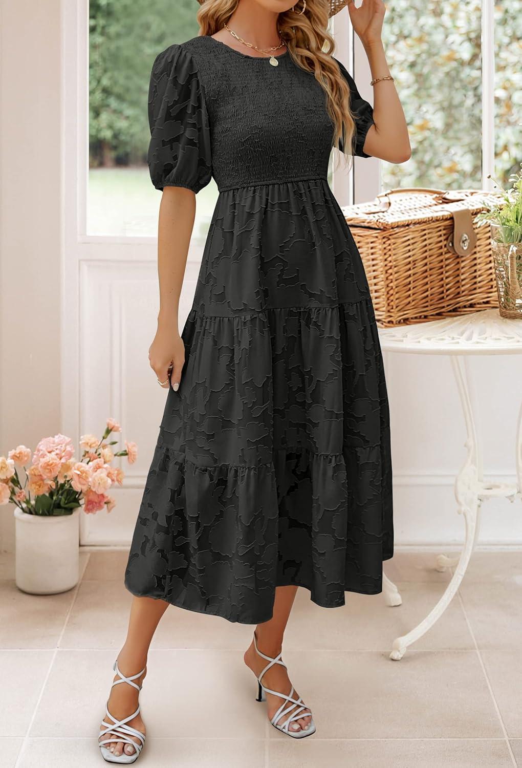 imageZESICA Womens 2026 Summer Short Puff Sleeve Crewneck Smocked Floral Lace Flowy A Line Tiered Maxi DressesBlack
