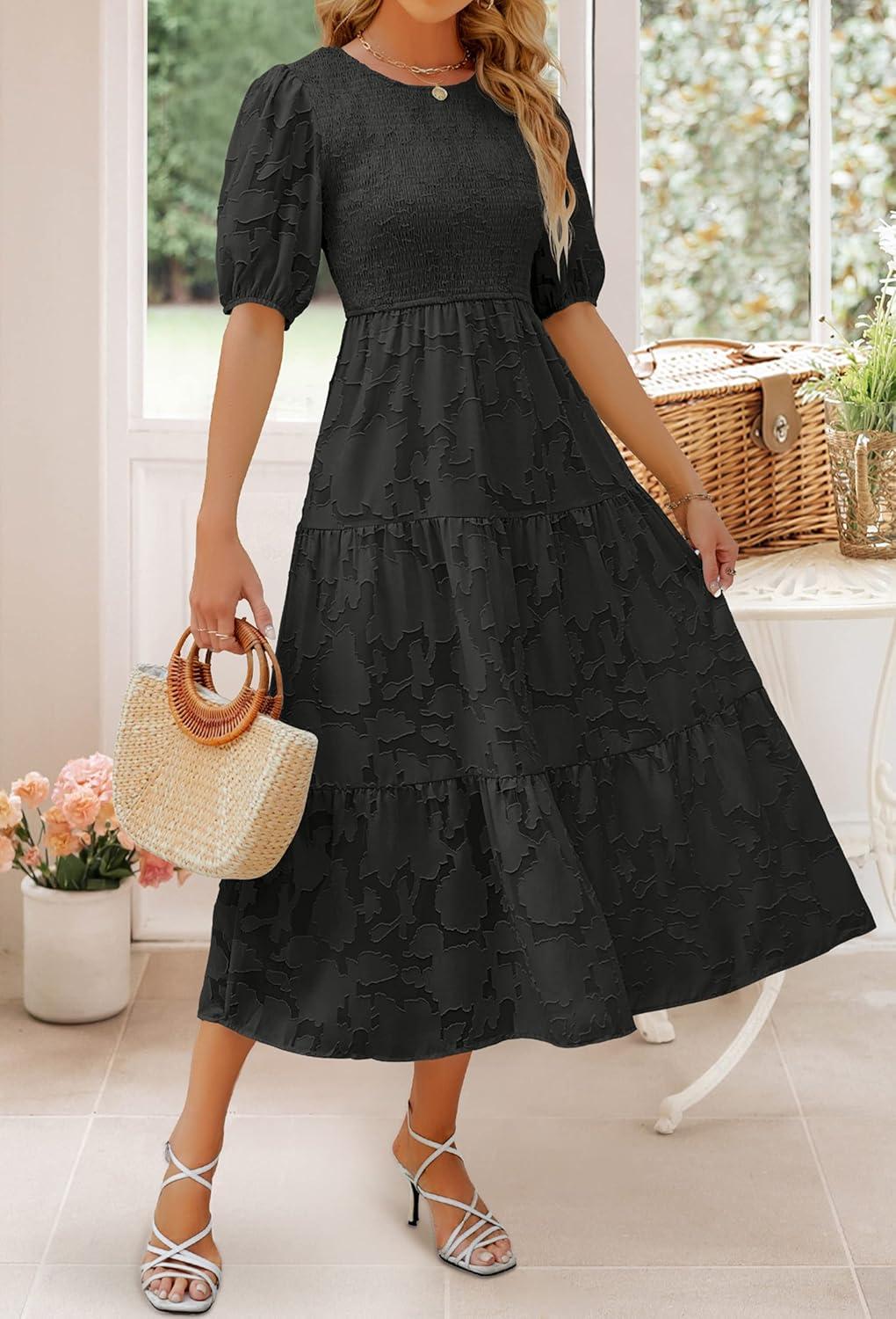 imageZESICA Womens 2026 Summer Short Puff Sleeve Crewneck Smocked Floral Lace Flowy A Line Tiered Maxi DressesBlack