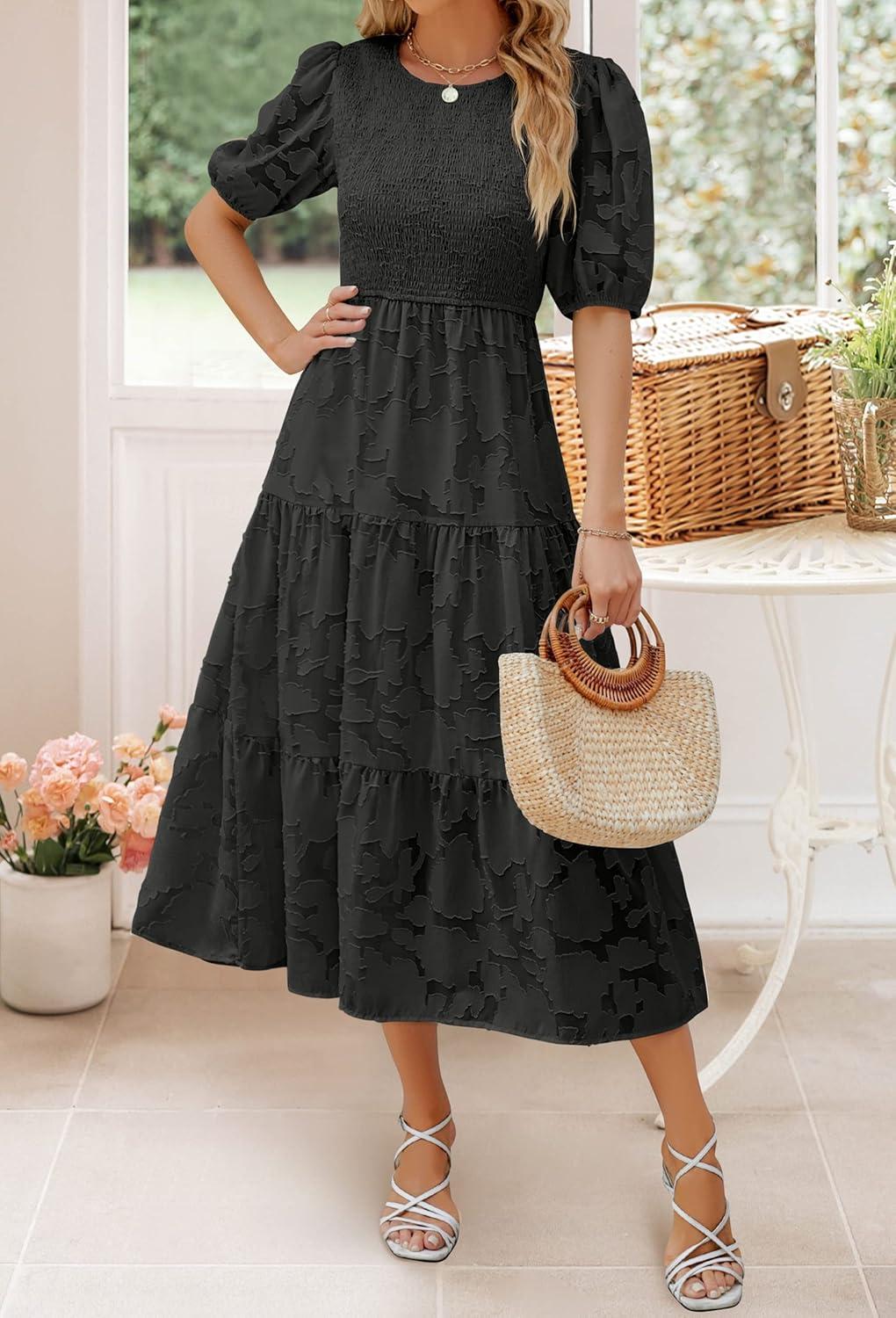 imageZESICA Womens 2026 Summer Short Puff Sleeve Crewneck Smocked Floral Lace Flowy A Line Tiered Maxi DressesBlack