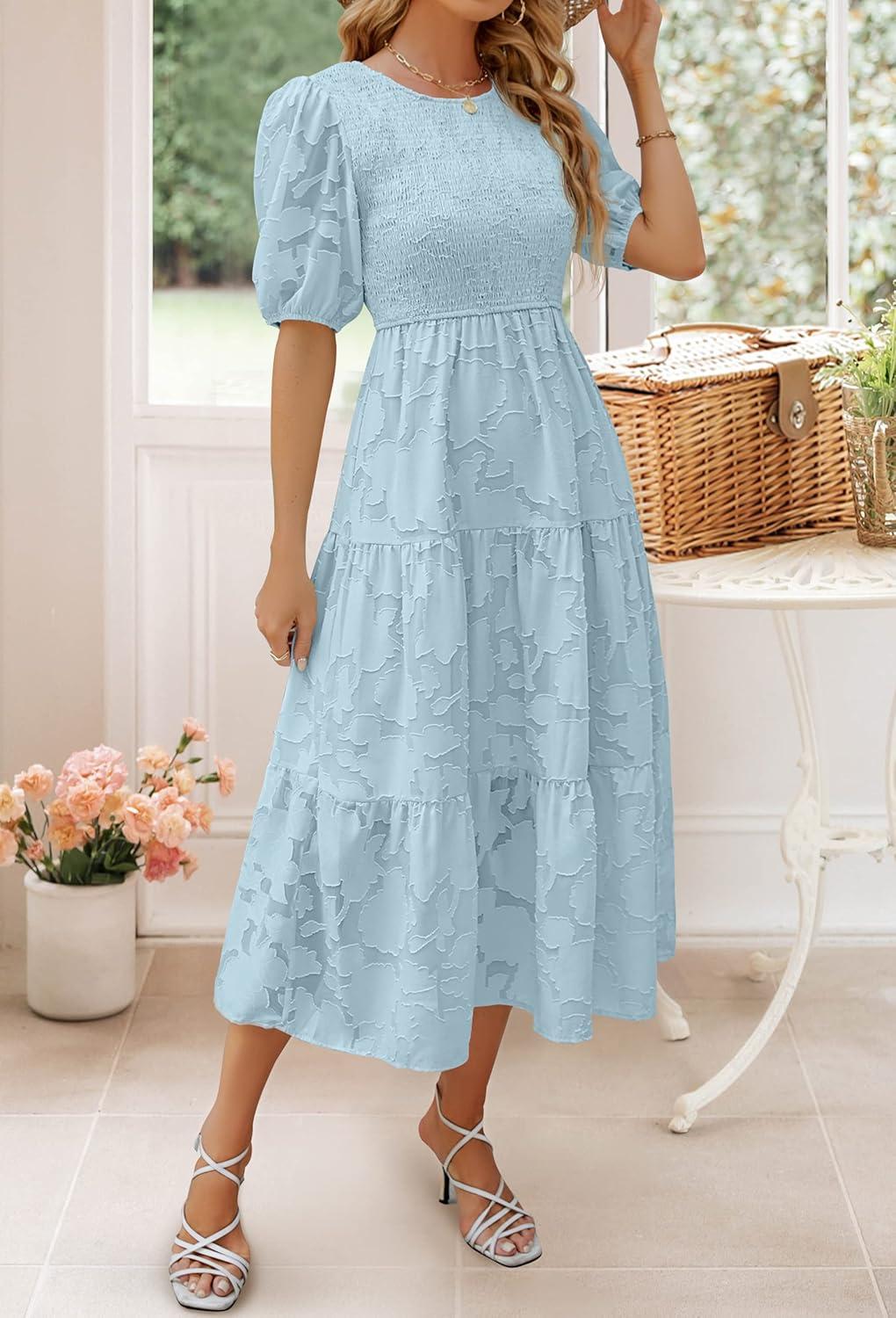 imageZESICA Womens 2026 Summer Short Puff Sleeve Crewneck Smocked Floral Lace Flowy A Line Tiered Maxi DressesBlue