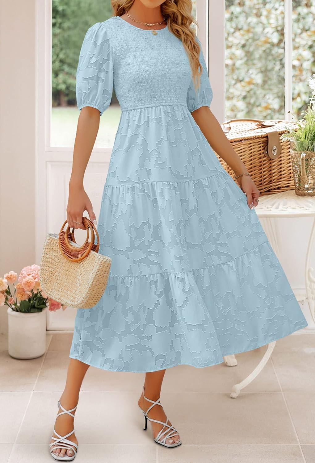imageZESICA Womens 2026 Summer Short Puff Sleeve Crewneck Smocked Floral Lace Flowy A Line Tiered Maxi DressesBlue