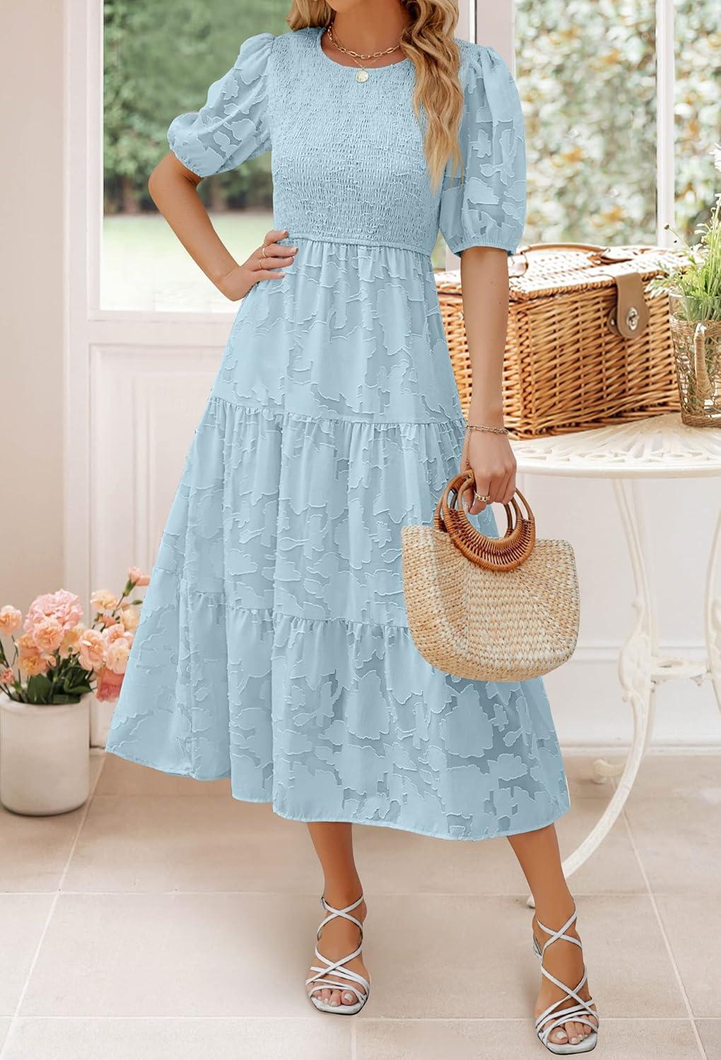 imageZESICA Womens 2026 Summer Short Puff Sleeve Crewneck Smocked Floral Lace Flowy A Line Tiered Maxi DressesBlue