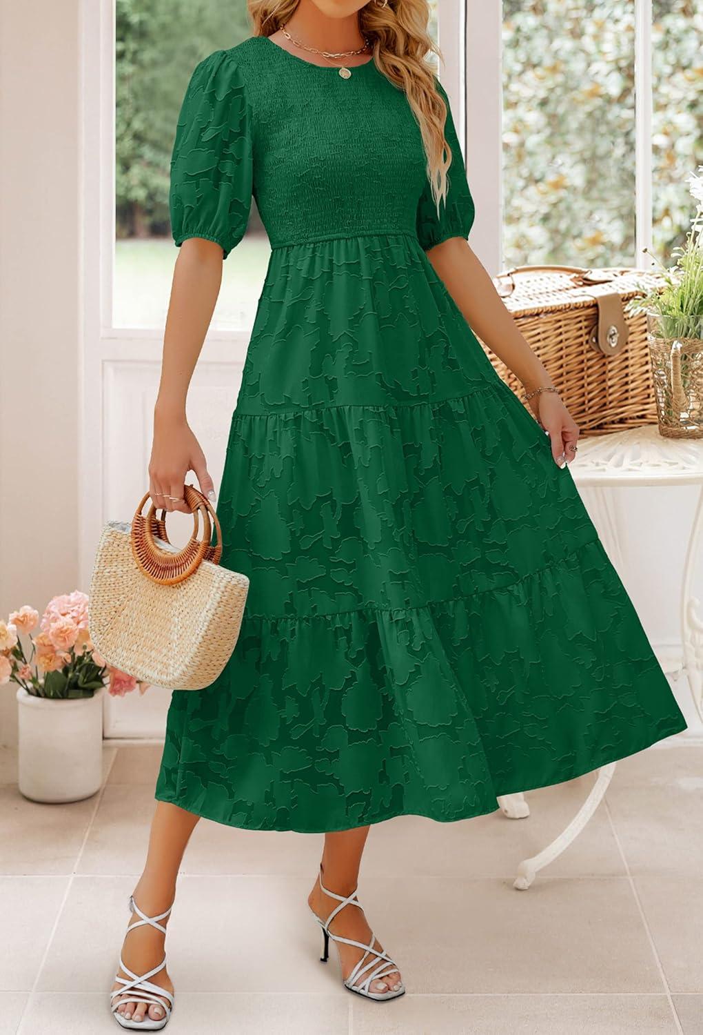 imageZESICA Womens 2026 Summer Short Puff Sleeve Crewneck Smocked Floral Lace Flowy A Line Tiered Maxi DressesDarkgreen