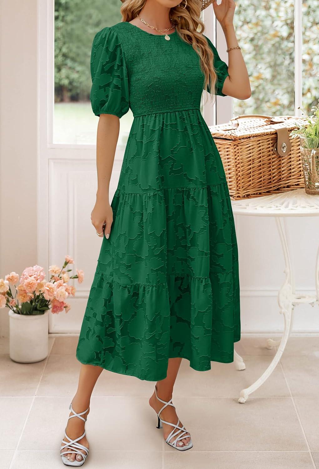 imageZESICA Womens 2026 Summer Short Puff Sleeve Crewneck Smocked Floral Lace Flowy A Line Tiered Maxi DressesDarkgreen