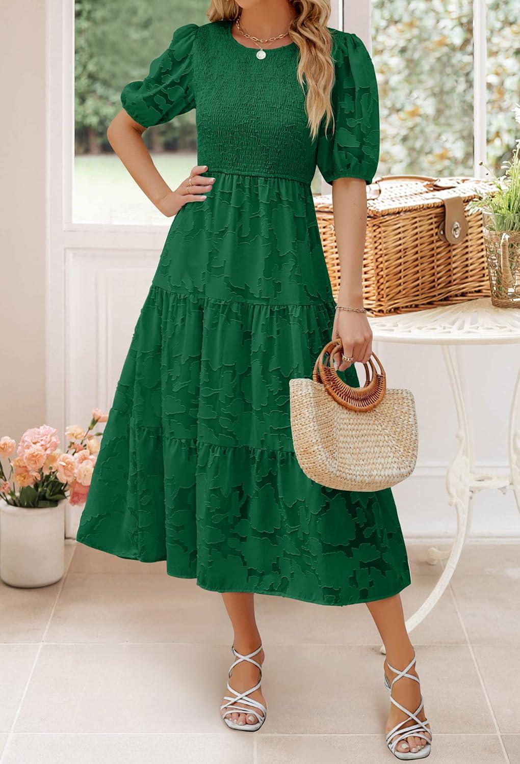 imageZESICA Womens 2026 Summer Short Puff Sleeve Crewneck Smocked Floral Lace Flowy A Line Tiered Maxi DressesDarkgreen