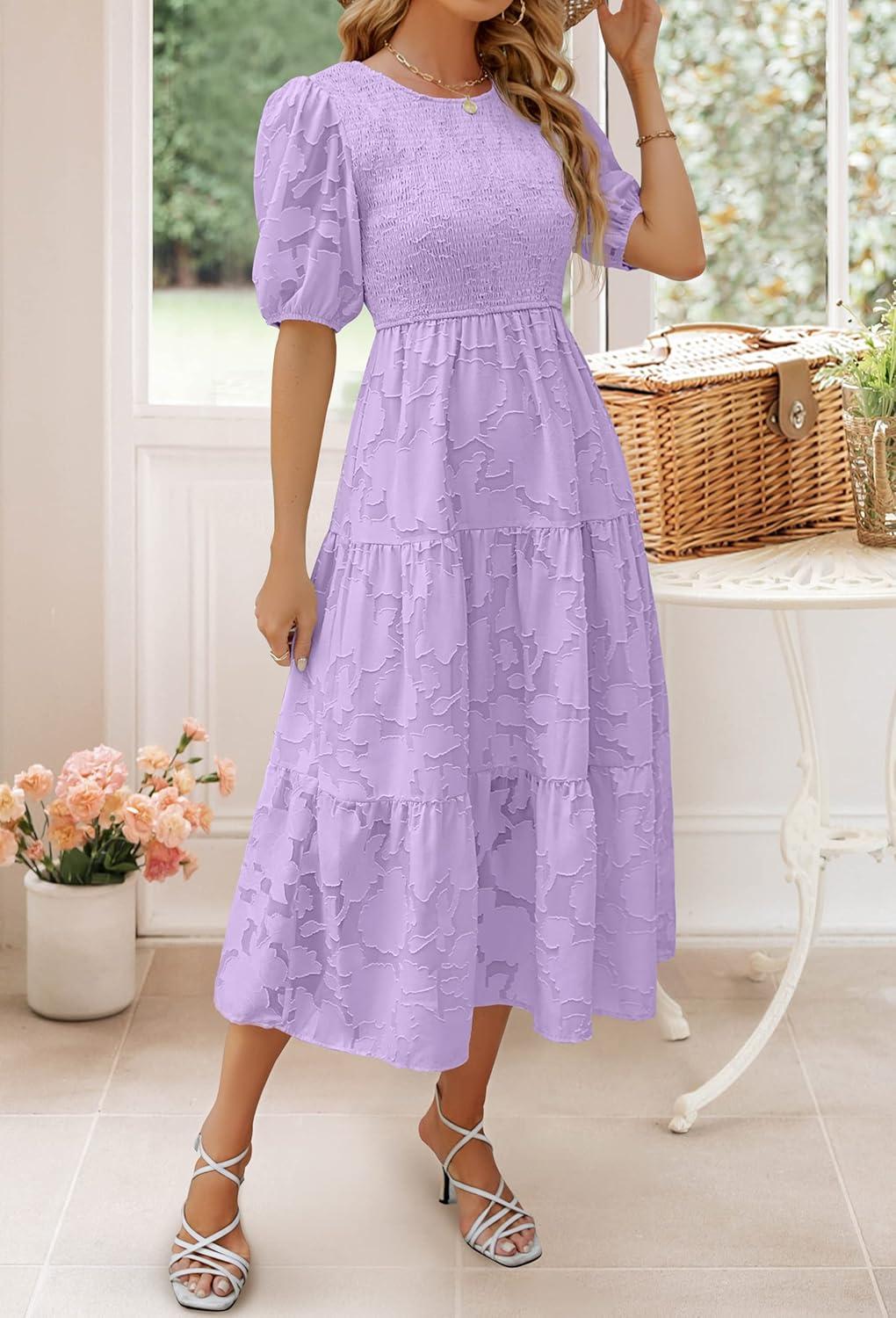 imageZESICA Womens 2026 Summer Short Puff Sleeve Crewneck Smocked Floral Lace Flowy A Line Tiered Maxi DressesLightpurple