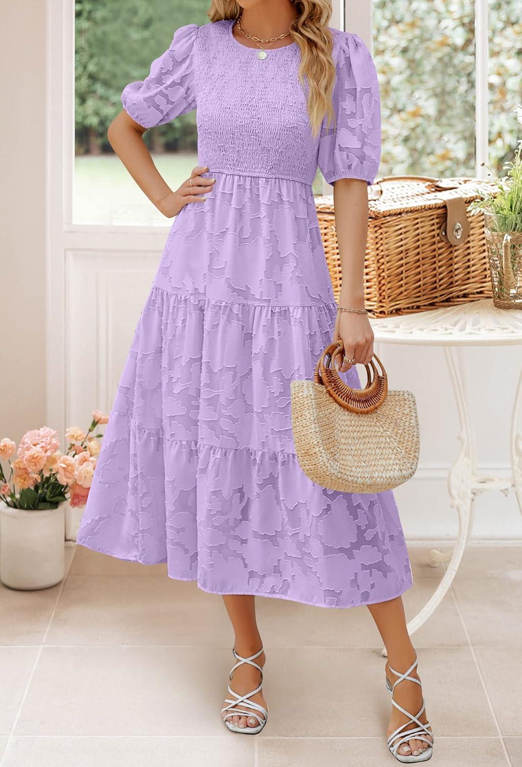 imageZESICA Womens 2026 Summer Short Puff Sleeve Crewneck Smocked Floral Lace Flowy A Line Tiered Maxi DressesLightpurple