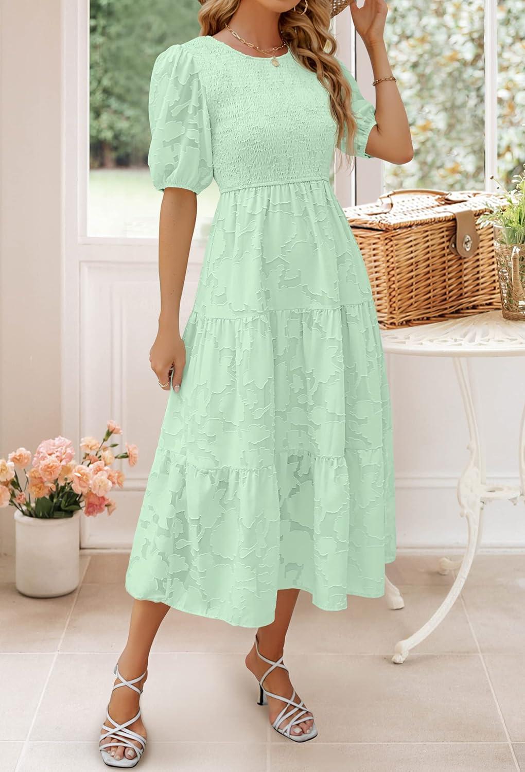 imageZESICA Womens 2026 Summer Short Puff Sleeve Crewneck Smocked Floral Lace Flowy A Line Tiered Maxi DressesMint