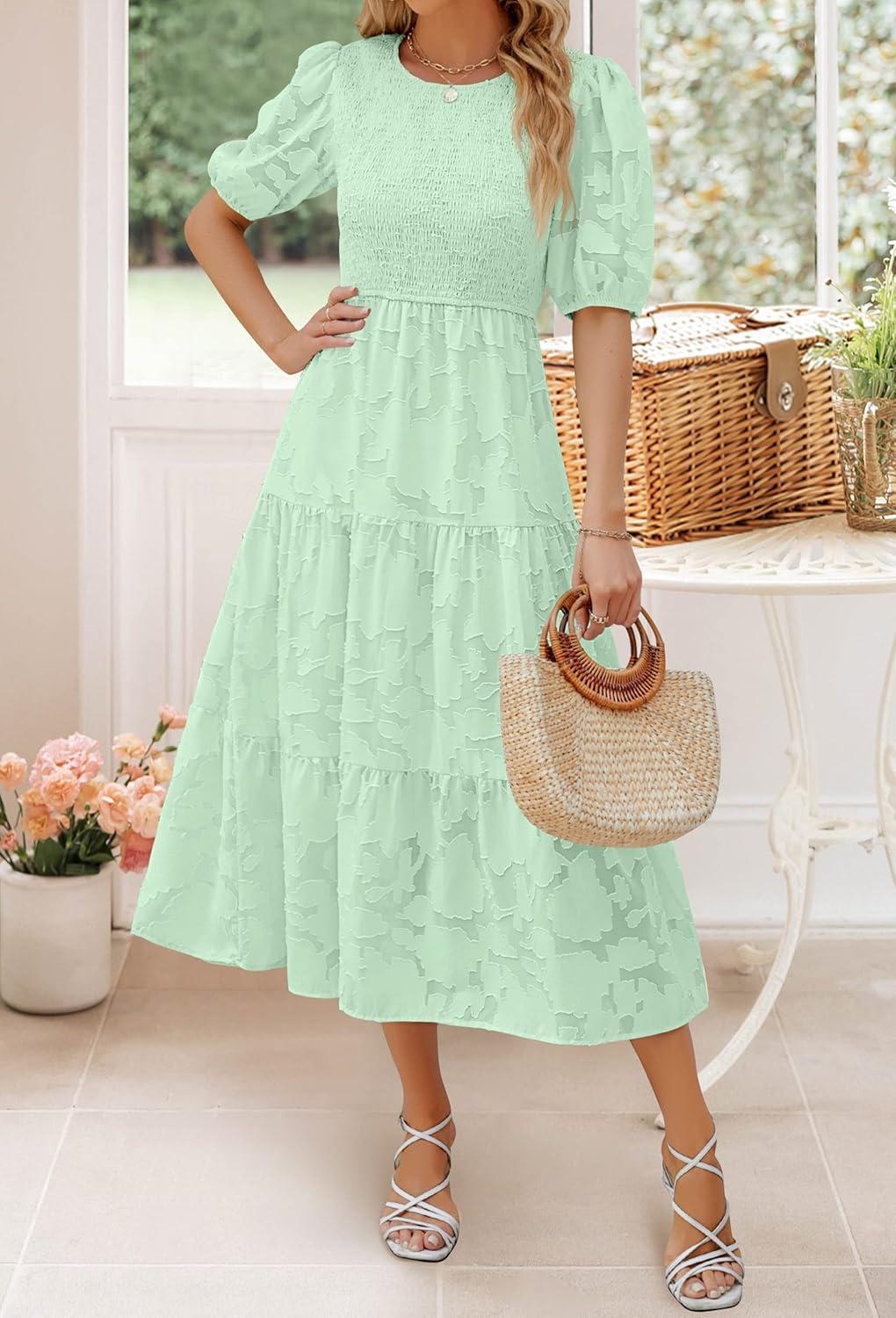imageZESICA Womens 2026 Summer Short Puff Sleeve Crewneck Smocked Floral Lace Flowy A Line Tiered Maxi DressesMint