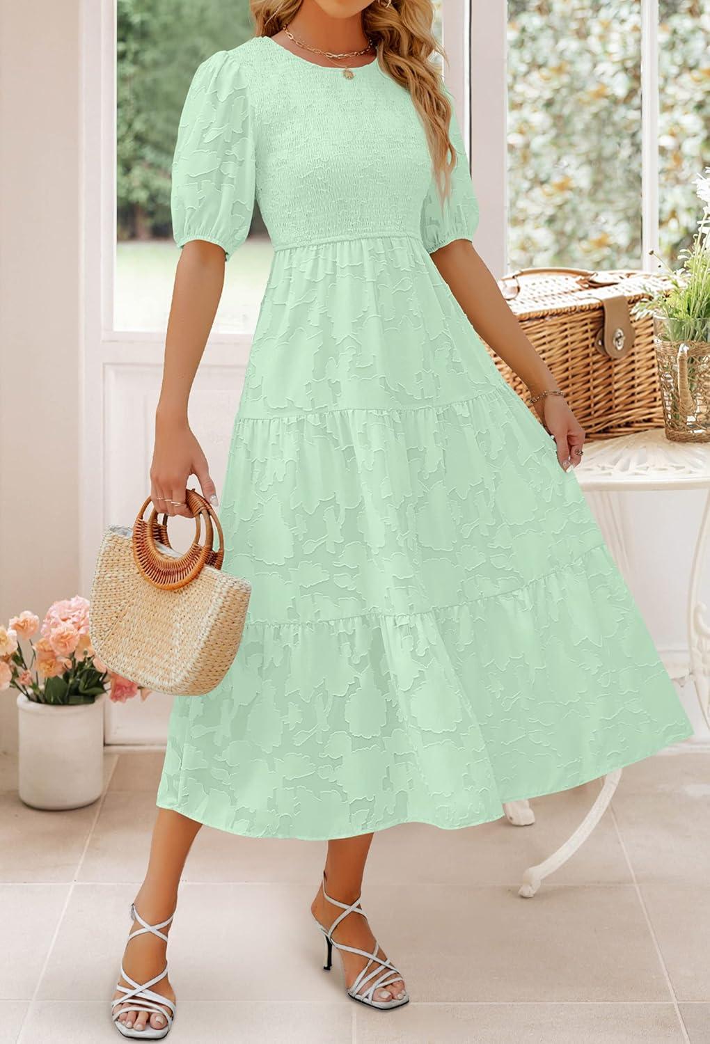 imageZESICA Womens 2026 Summer Short Puff Sleeve Crewneck Smocked Floral Lace Flowy A Line Tiered Maxi DressesMint
